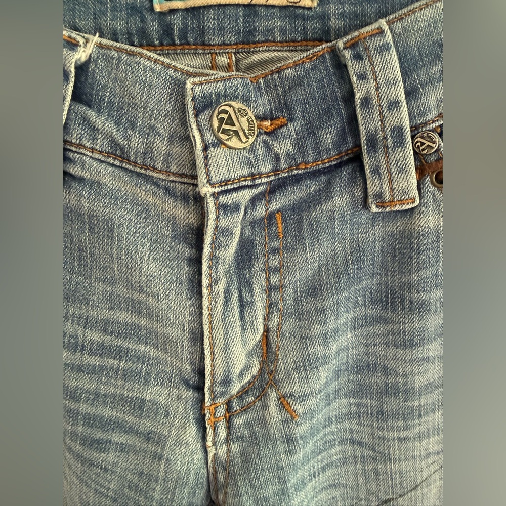Vintage Y2K Allen B. By Allen Schwartz Watercolor Koi Fish Low Rise Flare Jeans - Picture 5 of 15
